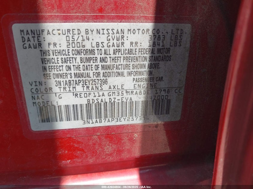 2014 NISSAN SENTRA VIN: 3N1AB7AP3EY257396