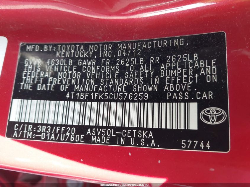 2012 Toyota Camry Se VIN: 4T1BF1FKSCU576259 Lot: 42604949