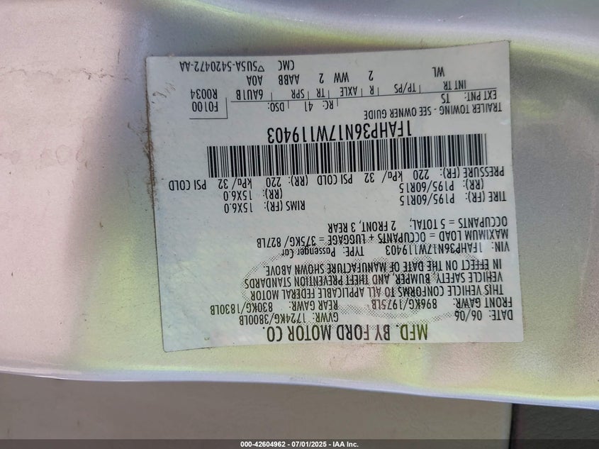 2007 FORD FOCUS VIN: 1FAHP36N17W119403