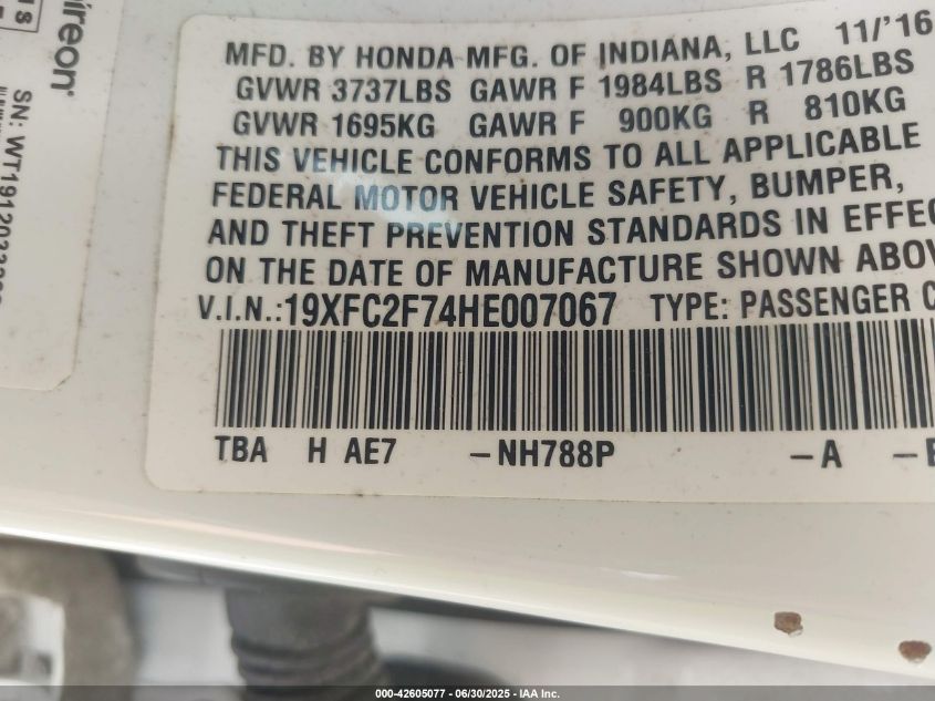2017 Honda Civic Ex VIN: 19XFC2F74HE007067 Lot: 42605077