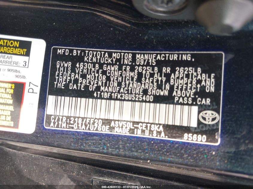 2016 Toyota Camry Se VIN: 4T1BF1FK3GU525400 Lot: 42605133