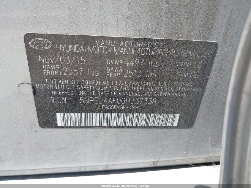 2016 Hyundai Sonata Se VIN: 5NPE24AF0GH337338 Lot: 42605344