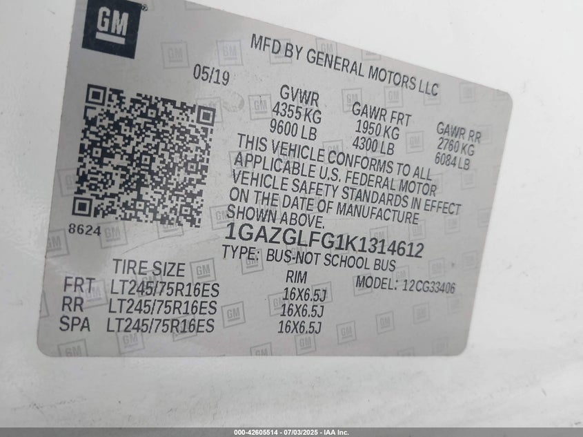 2019 CHEVROLET EXPRESS 3500 LS - 1GAZGLFG1K1314612