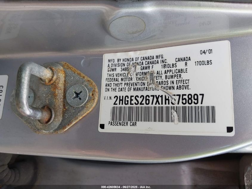 2001 Honda Civic Ex VIN: 2HGES267X1H575897 Lot: 42605634