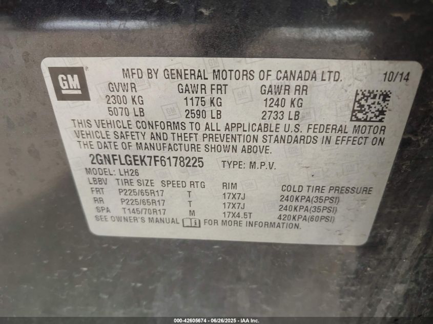 2015 Chevrolet Equinox 2Lt VIN: 2GNFLGEK7F6178225 Lot: 42605674