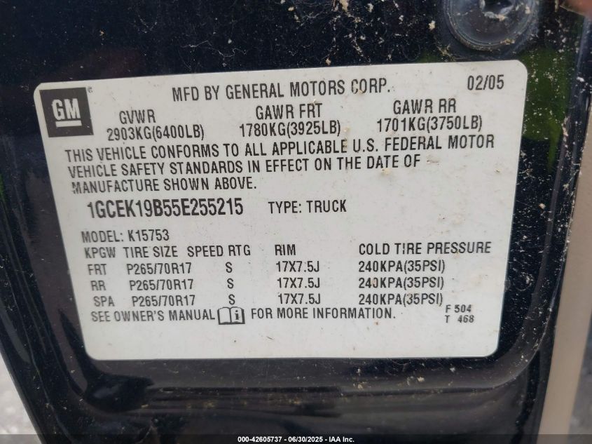 2005 Chevrolet Silverado 1500 Z71 VIN: 1GCEK19B55E255215 Lot: 42605737