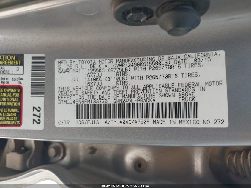 2015 TOYOTA TACOMA VIN: 3TMLU4EN6FM188736