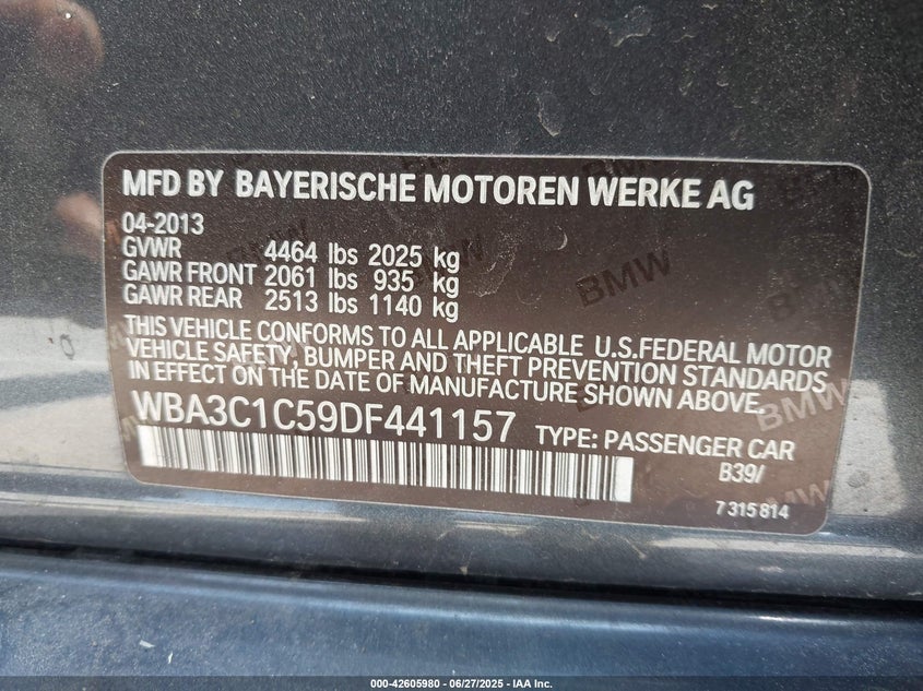 2013 BMW 328I WBA3C1C59DF441157