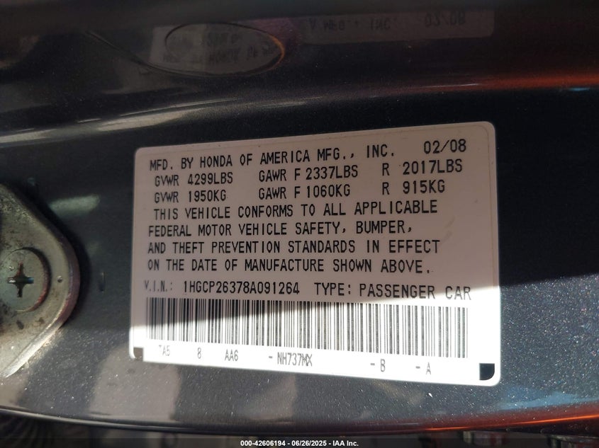 2008 Honda Accord 2.4 Lx VIN: 1HGCP26378A091264 Lot: 42606194