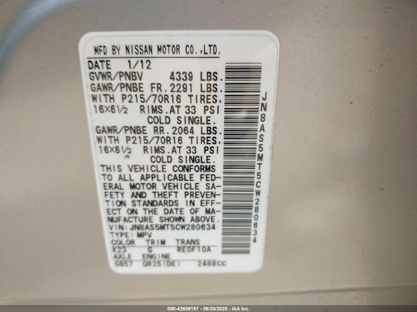 2012 Nissan Rogue S VIN: JN8AS5MT5CW280634 Lot: 42606197