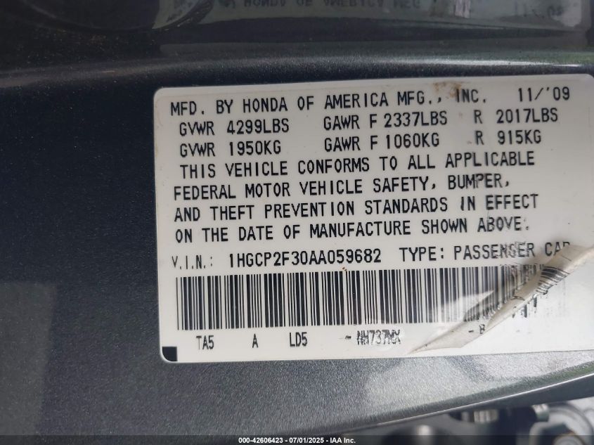 2010 Honda Accord 2.4 Lx VIN: 1HGCP2F30AA059682 Lot: 42606423