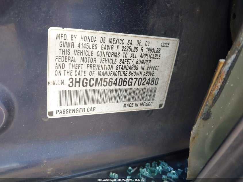 2006 Honda Accord Lx VIN: 3HGCM56406G702480 Lot: 42606498