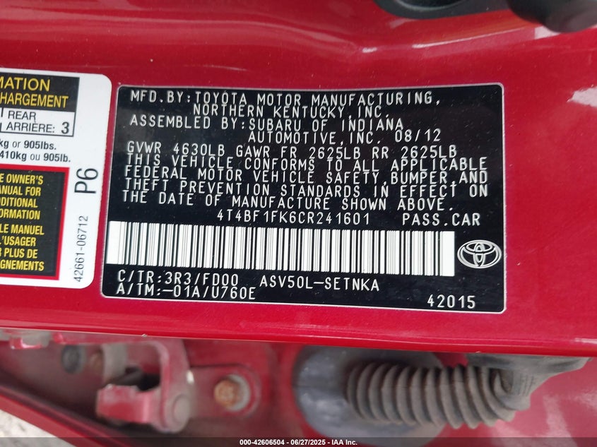2012 TOYOTA CAMRY VIN: 4T4BF1FK6CR241601