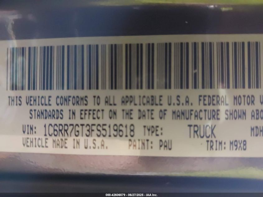 2015 Ram 1500 Big Horn VIN: 1C6RR7GT3FS519618 Lot: 42606579