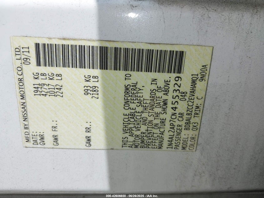 2012 NISSAN ALTIMA VIN: 1N4AL2AP7CN455329
