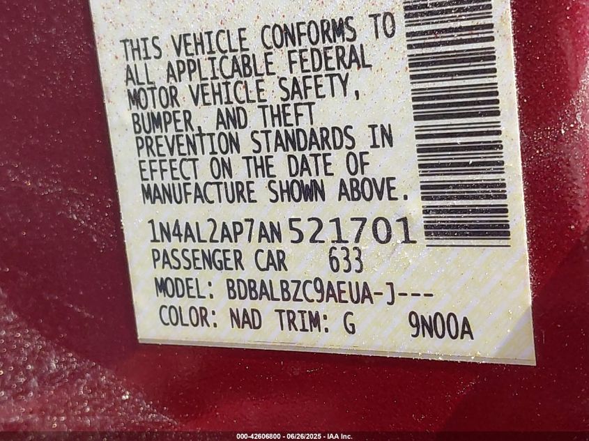 2010 Nissan Altima 2.5 S VIN: 1N4AL2AP7AN521701 Lot: 42606800