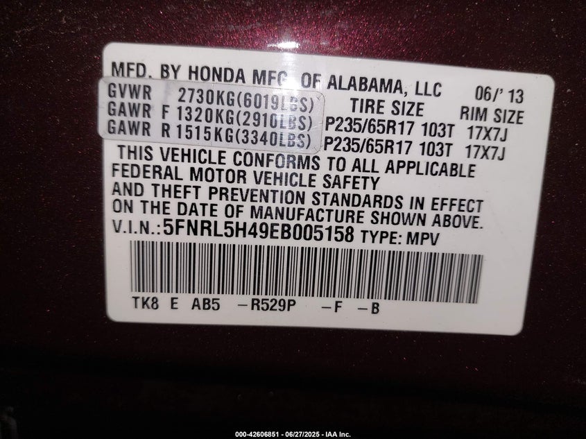 2014 Honda Odyssey Ex VIN: 5FNRL5H49EB005158 Lot: 42606851