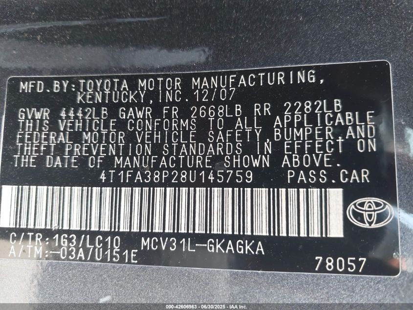 2008 Toyota Camry Solara Sle VIN: 4T1FA38P28U145759 Lot: 42606963