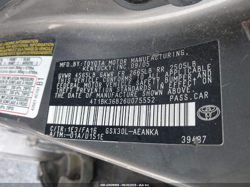 2006 Toyota Avalon Xl VIN: 4T1BK36B26U075552 Lot: 42606966