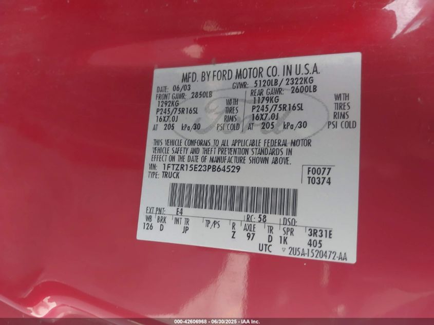 2003 Ford Ranger Xlt VIN: 1FTZR15E23PB64529 Lot: 42606968