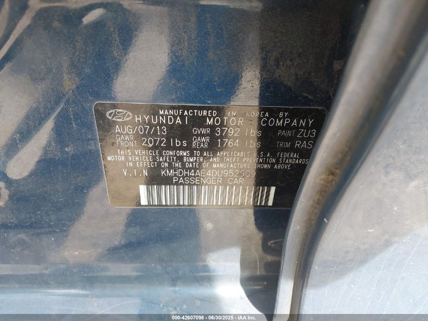 2013 Hyundai Elantra Gls VIN: KMHDH4AE4DU952909 Lot: 42607096