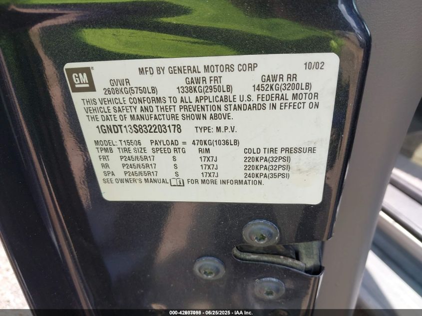 2003 Chevrolet Trailblazer Ltz VIN: 1GNDT13S832203178 Lot: 42607098