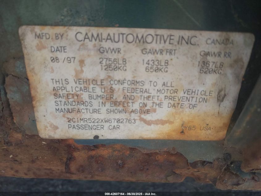 1998 Chevrolet Metro Lsi VIN: 2C1MR522XW6702763 Lot: 42607164