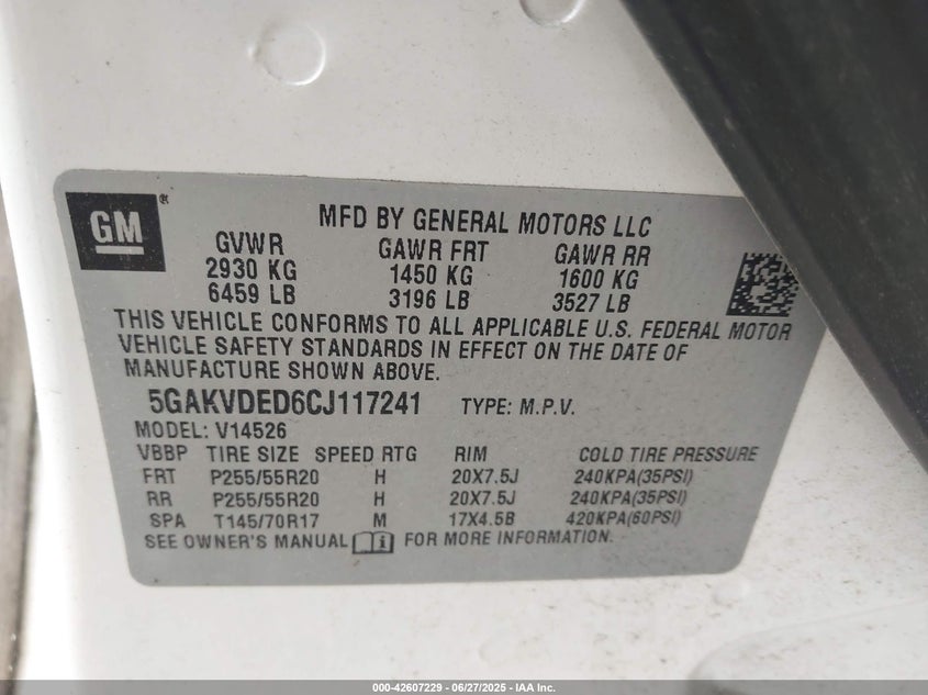 2012 BUICK ENCLAVE VIN: 5GAKVDED6CJ117241