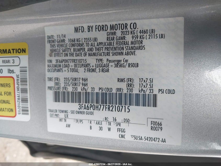 2015 FORD FUSION VIN: 3FA6P0H77FR210715