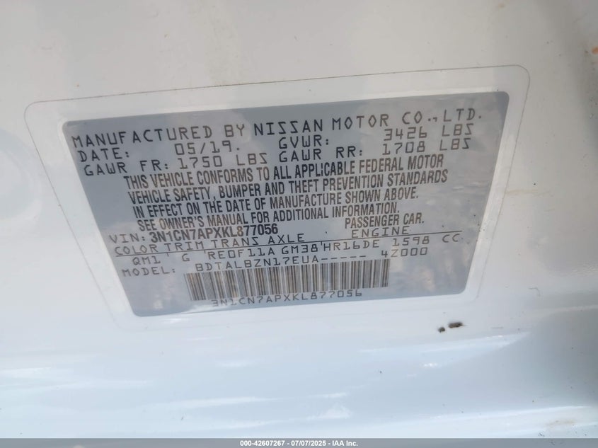 2019 Nissan Versa 1.6 Sv VIN: 3N1CN7APXKL877056 Lot: 42607267