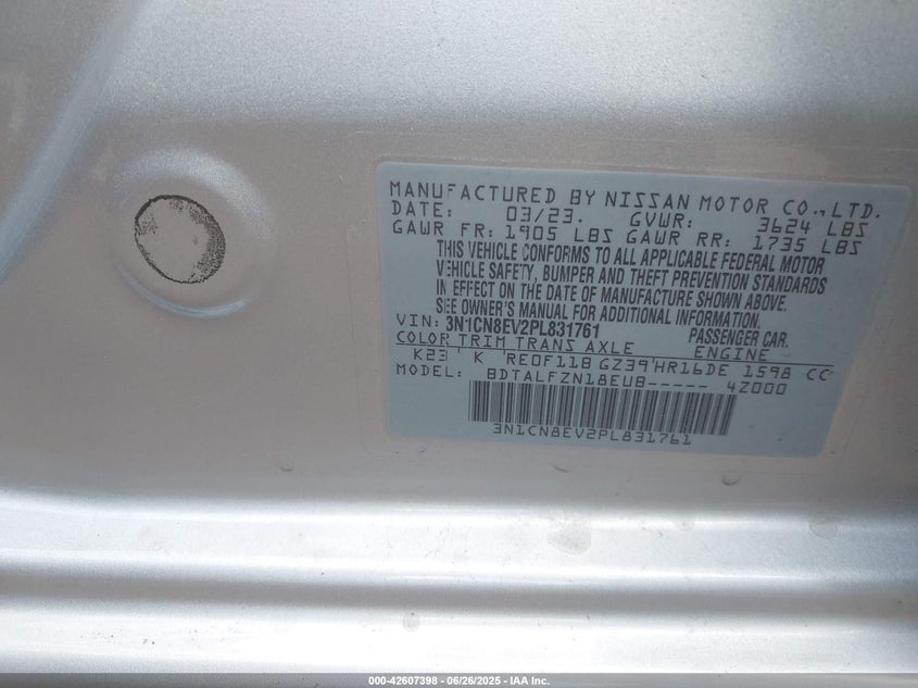 2023 NISSAN VERSA VIN: 3N1CN8EV2PL831761