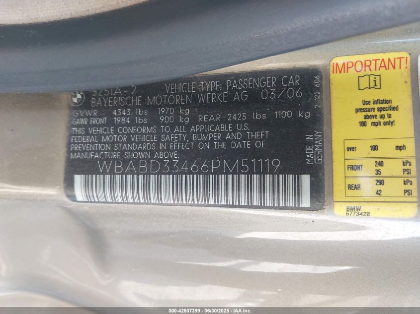 2006 BMW 325 Ci VIN: WBABD33466PM41119 Lot: 42607399