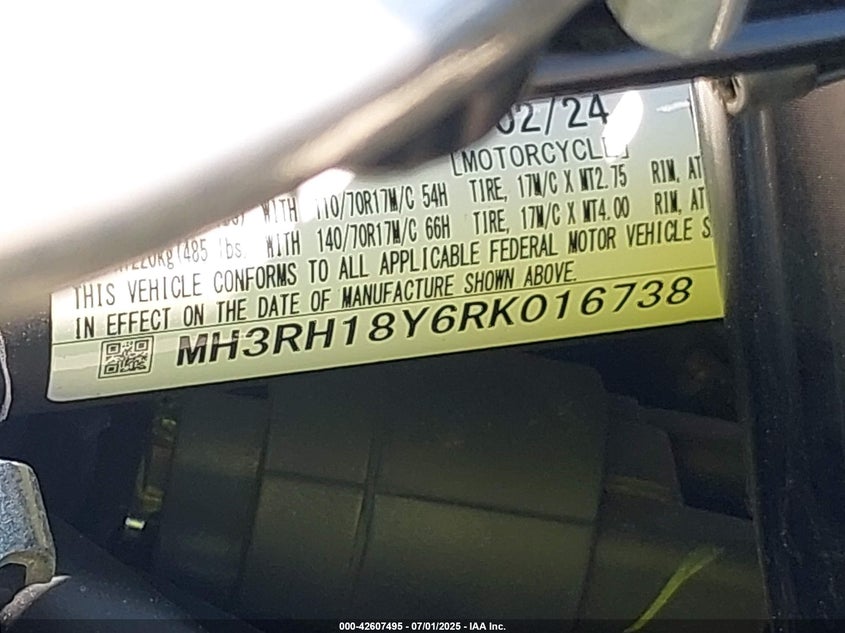 VIN MH3RH18Y6RK016738 2024 YAMAHA YZFR3 A