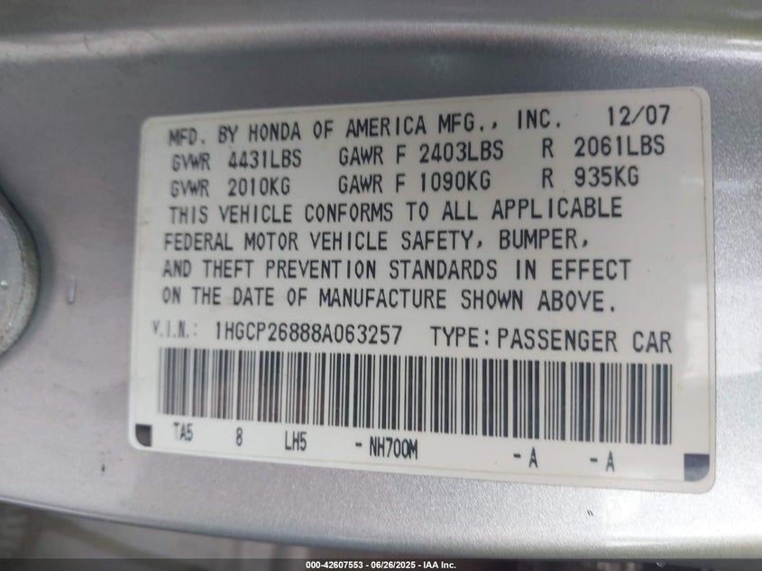 1HGCP26888A063257 2008 HONDA ACCORD photo no. 9