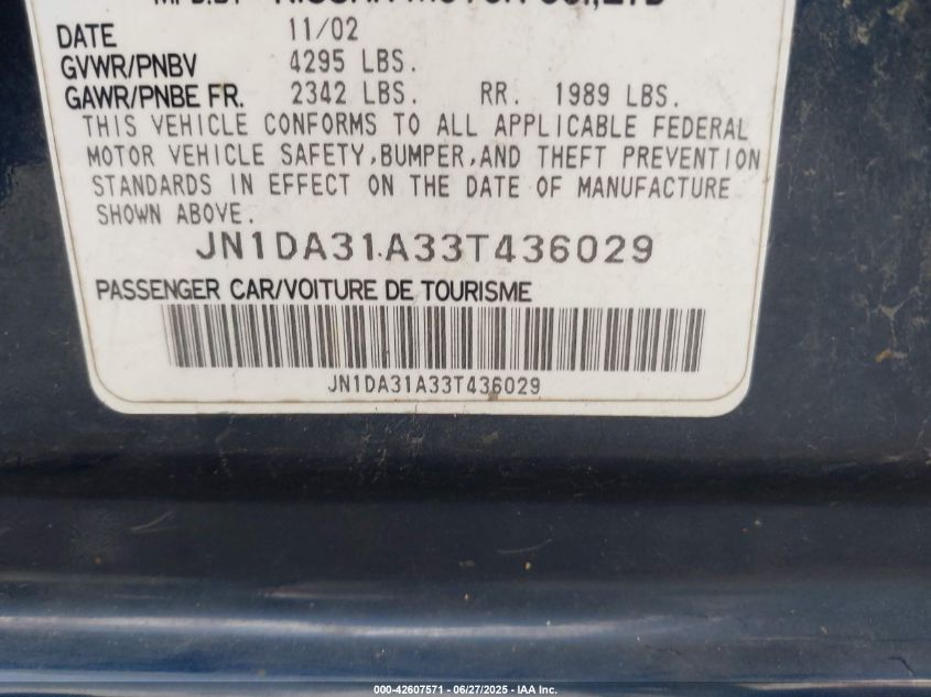 2003 Nissan Maxima Se VIN: JN1DA31A33T436029 Lot: 42607571