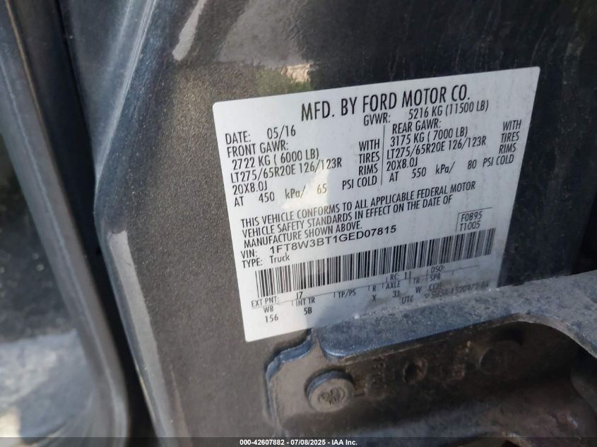 2016 Ford F-350 Lariat VIN: 1FT8W3BT1GED07815 Lot: 42607882