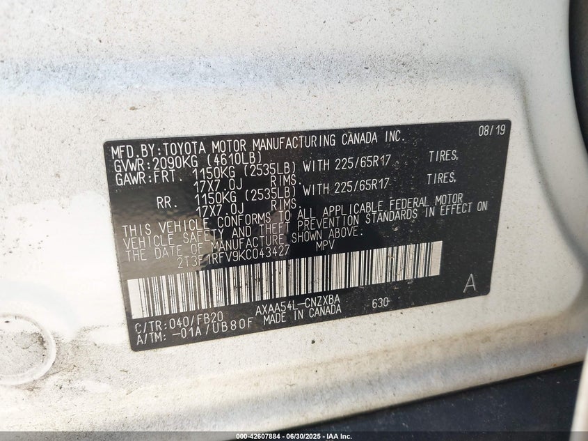 2019 TOYOTA RAV4 LE - 2T3F1RFV9KC043427