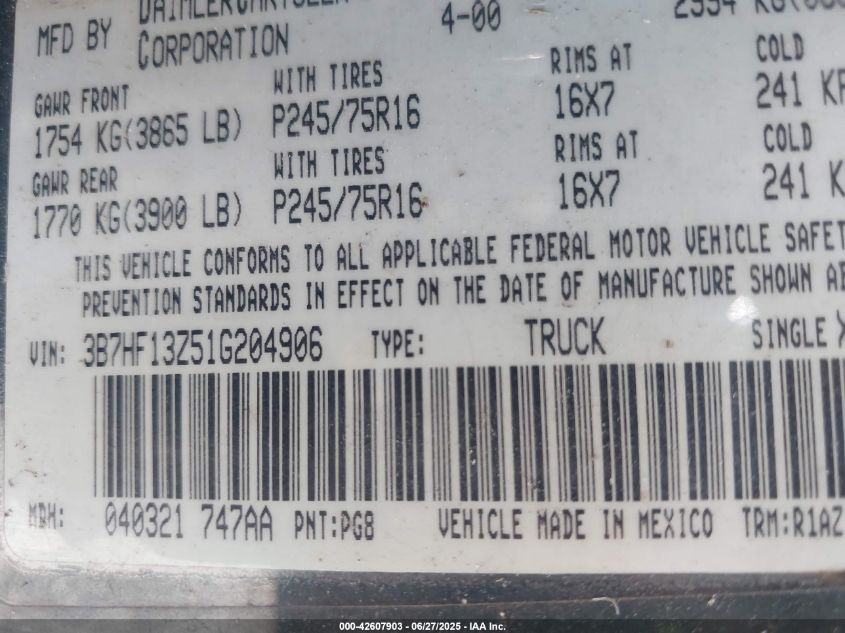 2001 Dodge Ram 1500 St VIN: 3B7HF13Z51G204906 Lot: 42607903