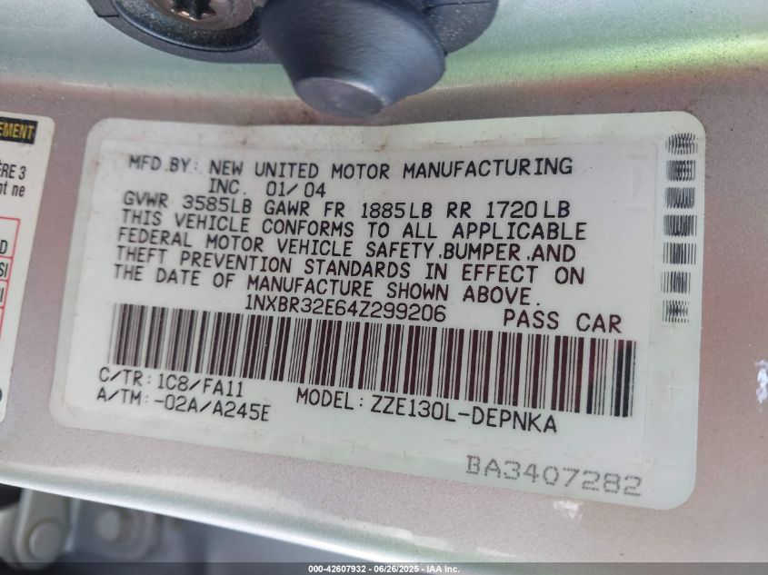 2004 Toyota Corolla Le VIN: 1NXBR32E64Z299206 Lot: 42607932