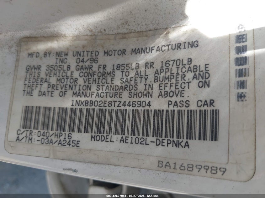 1996 Toyota Corolla Dx VIN: 1NXBB02E8TZ446904 Lot: 42607941