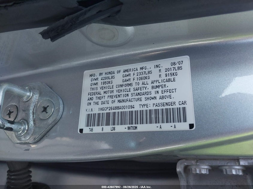 2008 HONDA ACCORD VIN: 1HGCP26488A001094