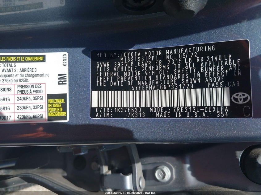 VIN 5YFEPMAE6NP331729 2022 TOYOTA COROLLA LE