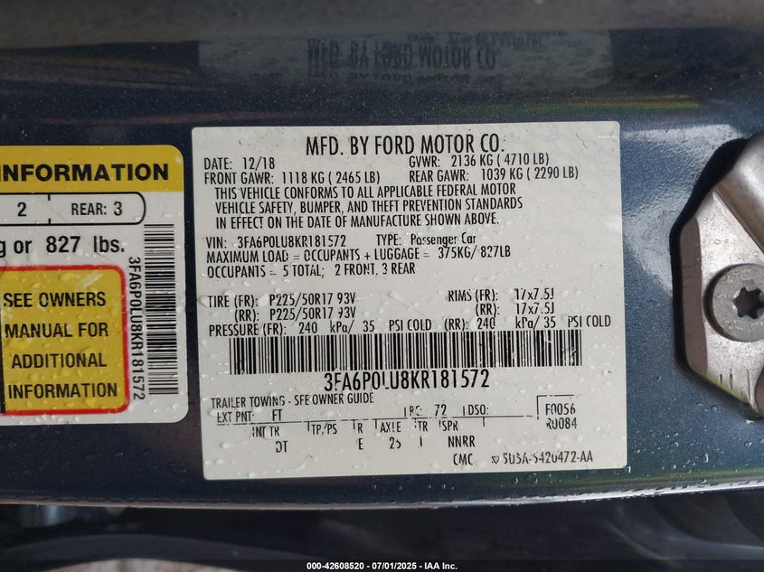 VIN 3FA6P0LU8KR181572 2019 FORD FUSION HYBRID SE