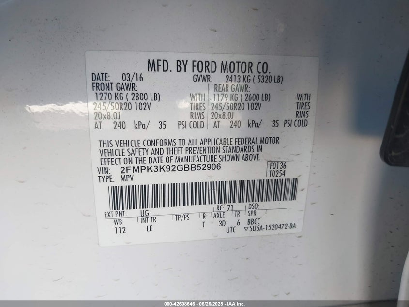 2016 FORD EDGE VIN: 2FMPK3K92GBB52906