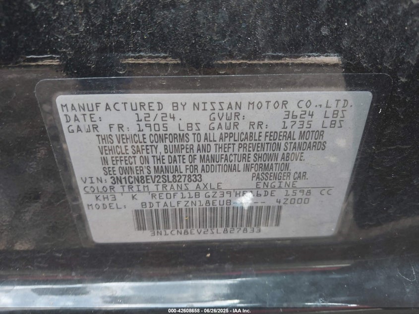 2025 NISSAN VERSA VIN: 3N1CN8EV2SL827833