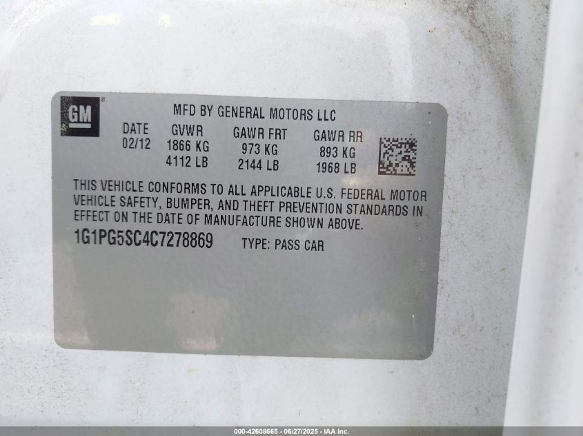 2012 Chevrolet Cruze 2Lt VIN: 1G1PG5SC4C7278869 Lot: 42608665