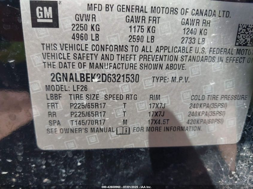 2013 Chevrolet Equinox Ls VIN: 2GNALBEK2D6321530 Lot: 42608960