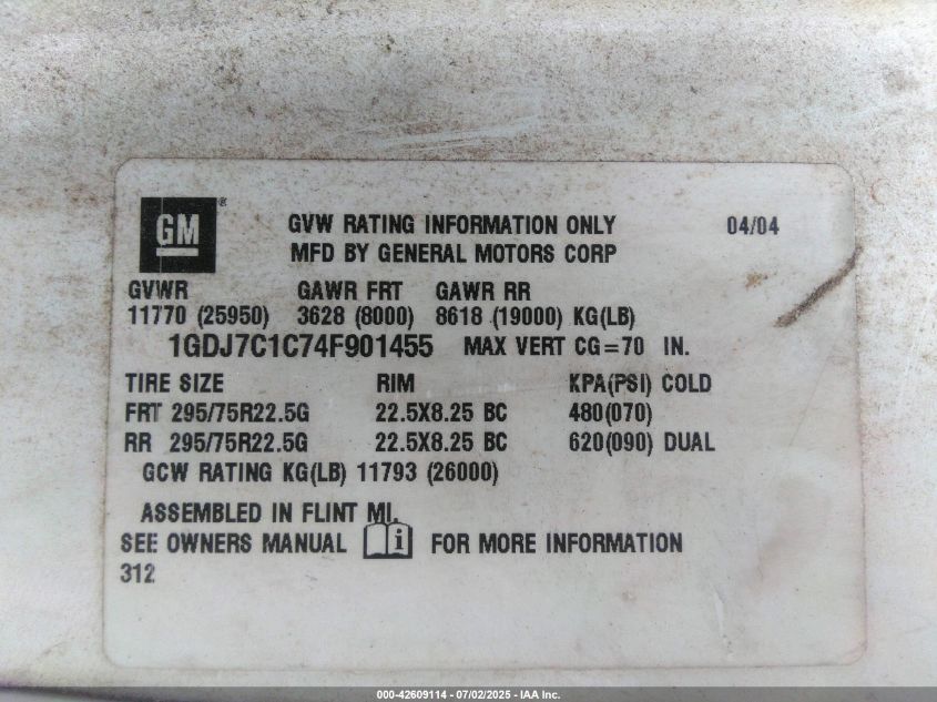 2004 GMC C7500 C7C042 VIN: 1GDJ7C1C74F901455 Lot: 42609114