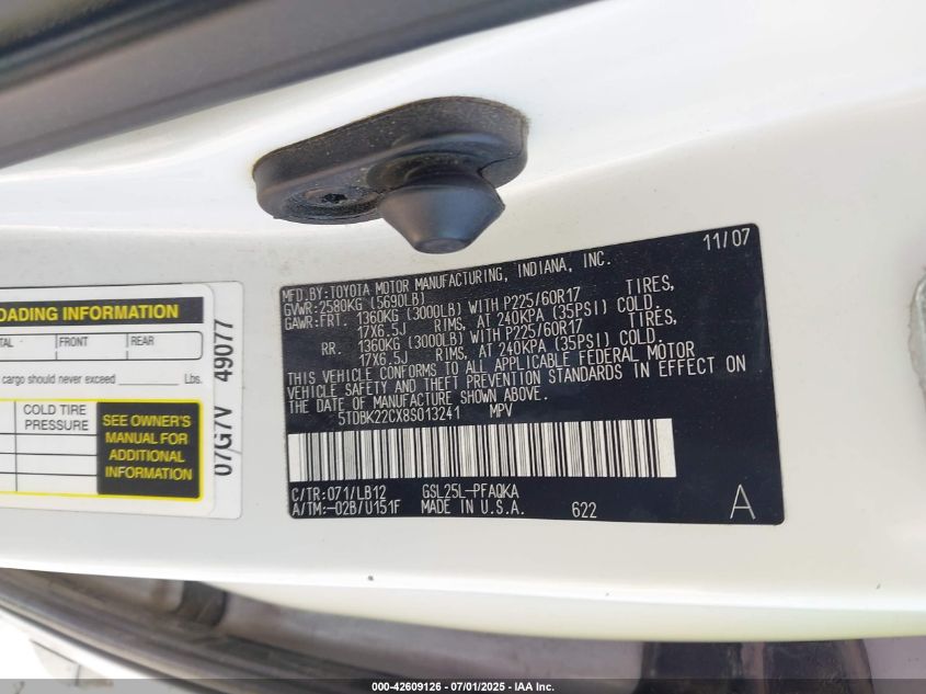 2008 Toyota Sienna Limited VIN: 5TDBK22CX8S013241 Lot: 42609126