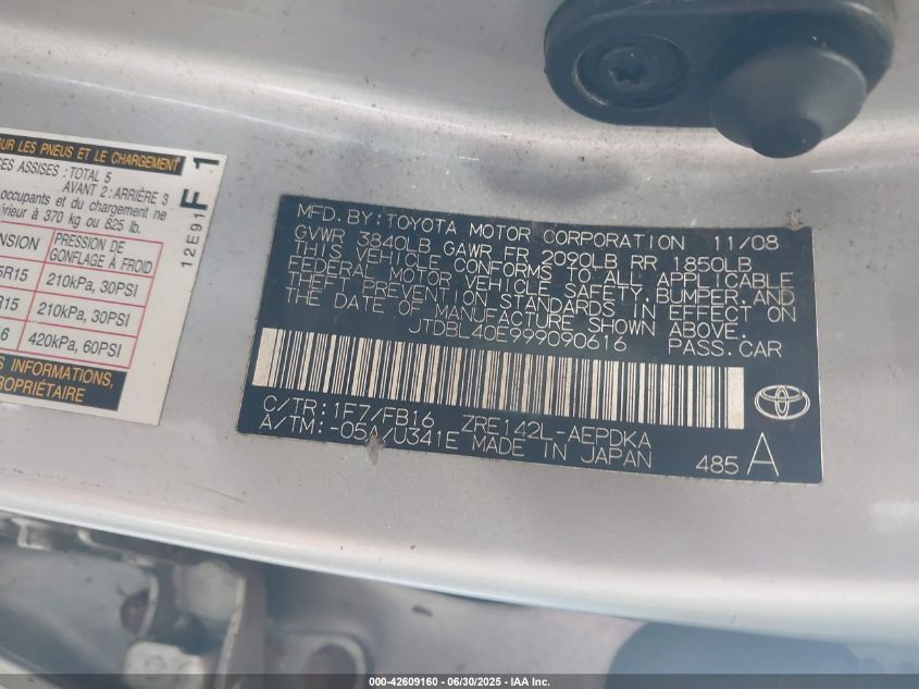 2009 Toyota Corolla Le VIN: JTDBL40E999090616 Lot: 42609160